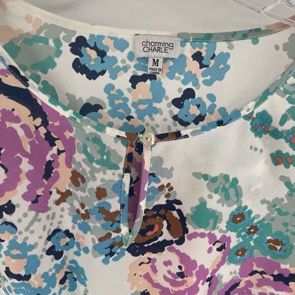 Charming Charlie Women's Floral Top Blouse Long Sleeve Peplum Multicolor Medium - Picture 15 of 16